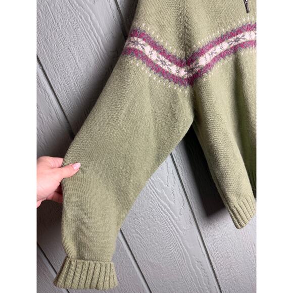 Vintage Woolrich Women’s XL Lambswool Quarter Zip Sweater Green Fair Isle Trim - Picture 2 of 7